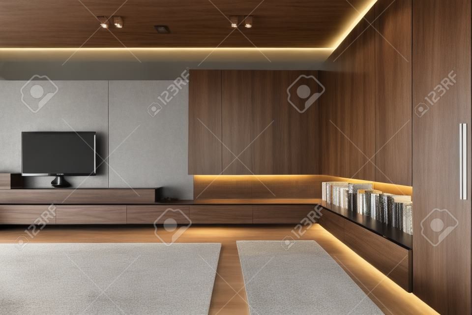 Modern living room with walnut built in cabinets and tv