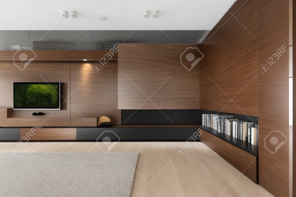 Modern living room with walnut built in cabinets and tv