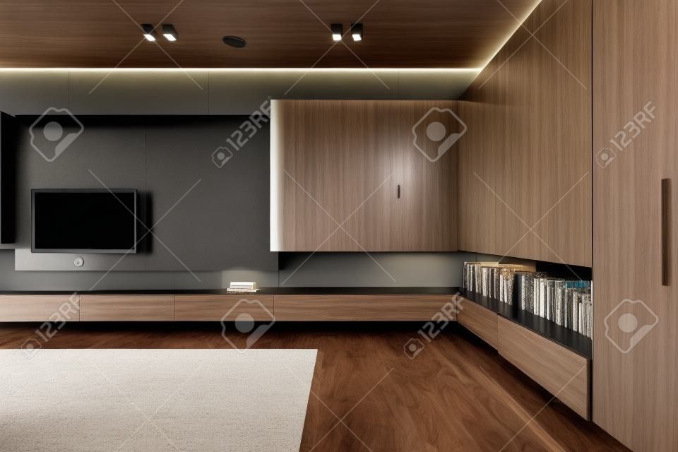 Современная гостиная с грецкий орех, построенный в шкафы и телевизор