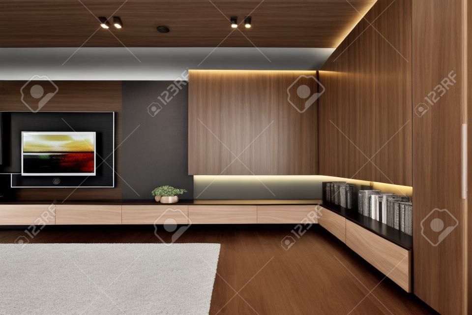 Современная гостиная с грецкий орех, построенный в шкафы и телевизор