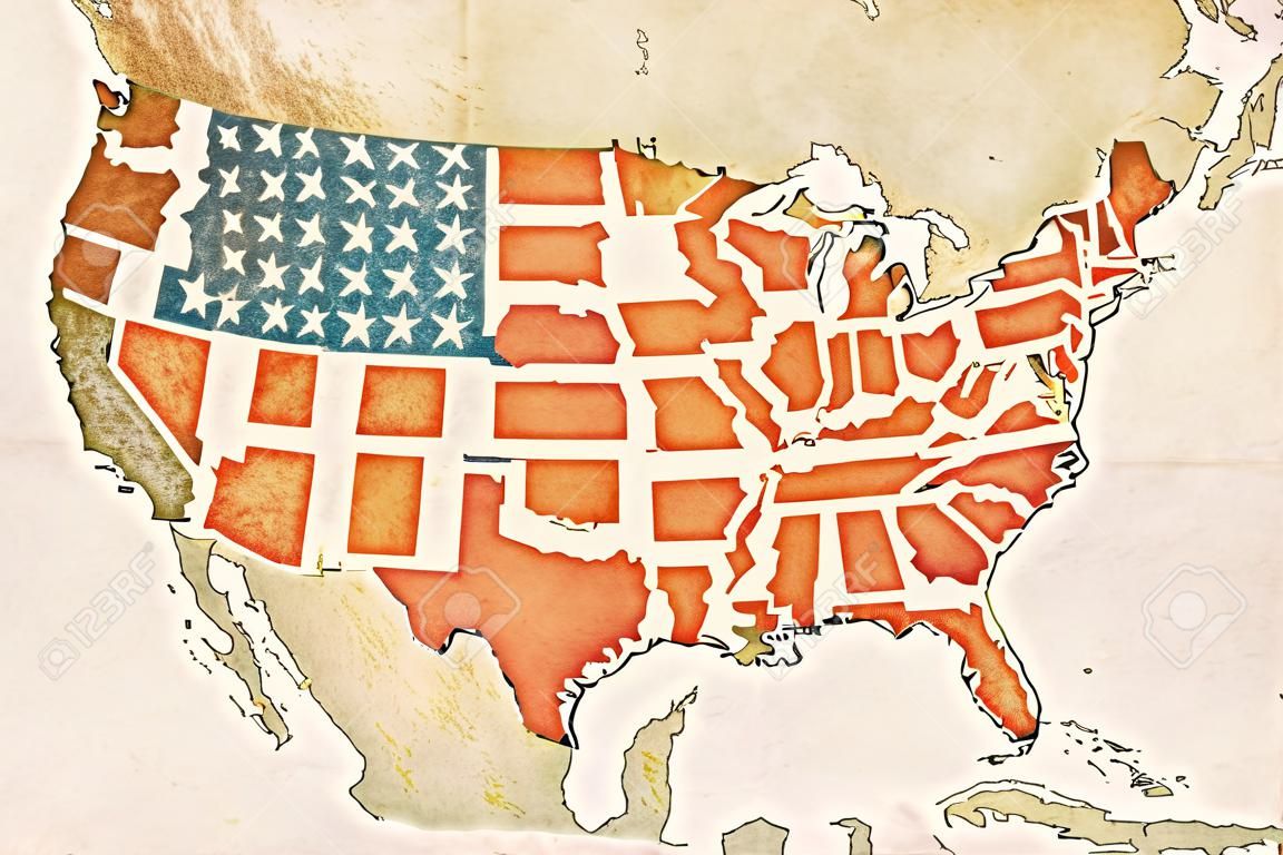Très détaillée carte USA avec le drapeau américain, texture vintage et états bordures