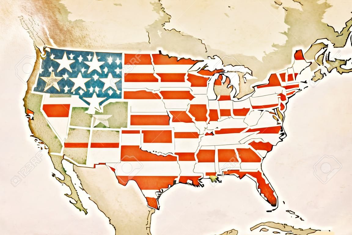 Très détaillée carte USA avec le drapeau américain, texture vintage et états bordures