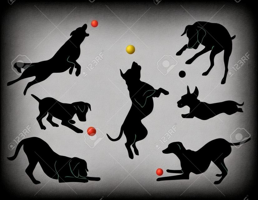 hond spelen met een bal. zwart silhouet. vector