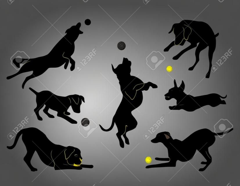 hond spelen met een bal. zwart silhouet. vector