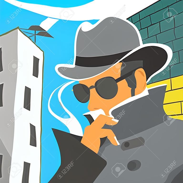 Vektor-Illustration Spion im Hut mit Zigarette