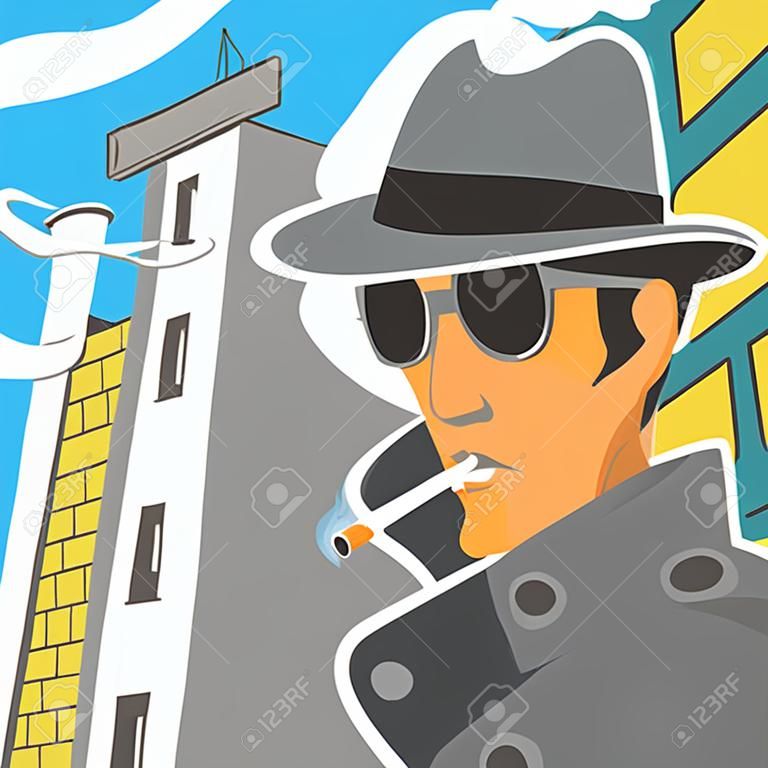 Vektor-Illustration Spion im Hut mit Zigarette