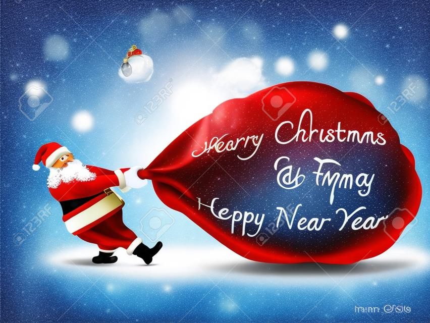 Santa Claus ziehen große Geschenk roten Beutel mit Wort Frohe Weihnachten und Frohes neues Jahr, blauer Himmel Hintergrund