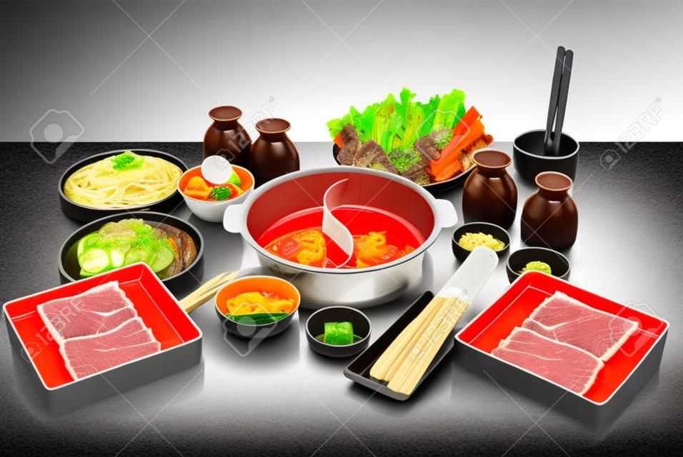 壽喜燒牛肉鮮豬肉片，蔬菜，餐具
