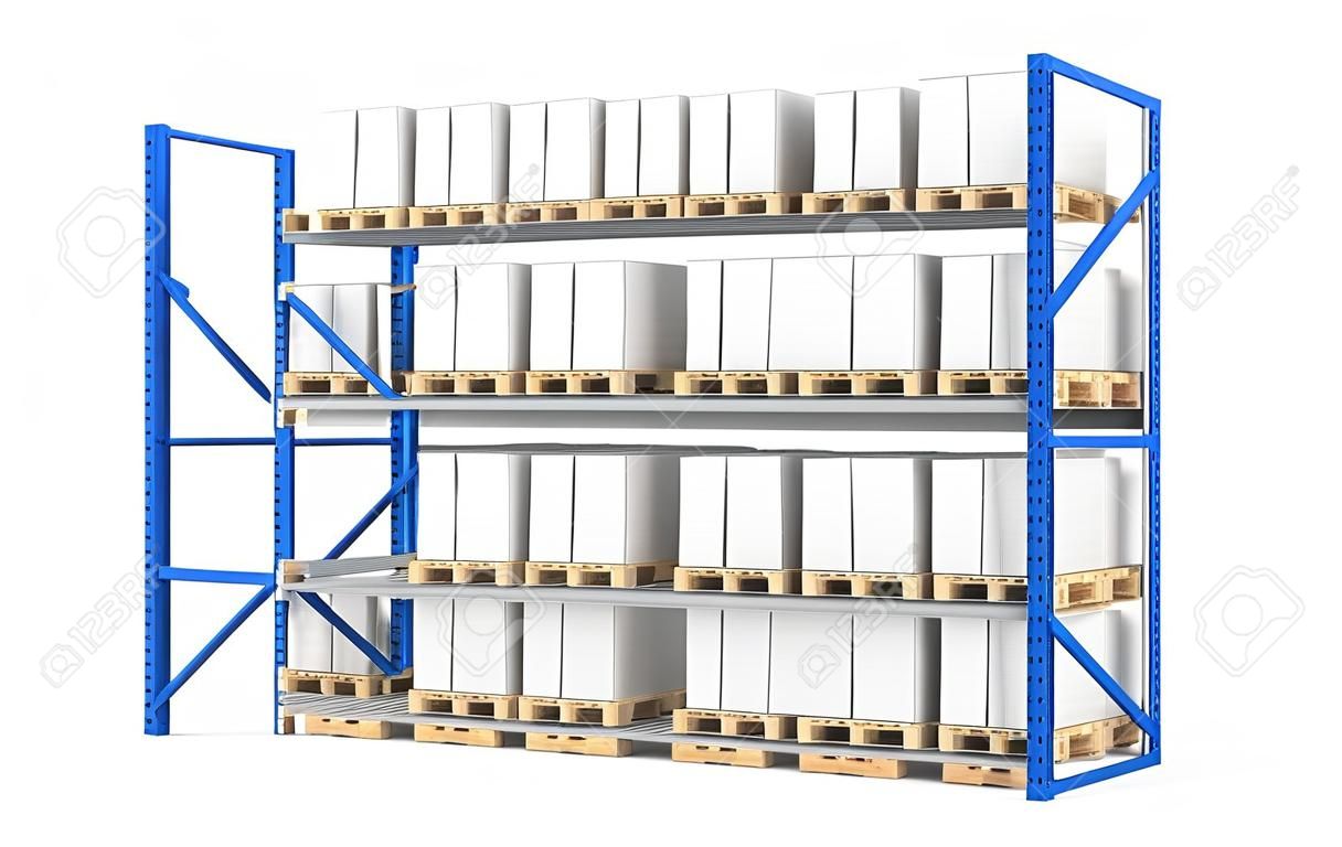 Estanterías de almacén. Pallet Rack, completo. Aislado en blanco. Parte de una serie de almacén azul y logística.