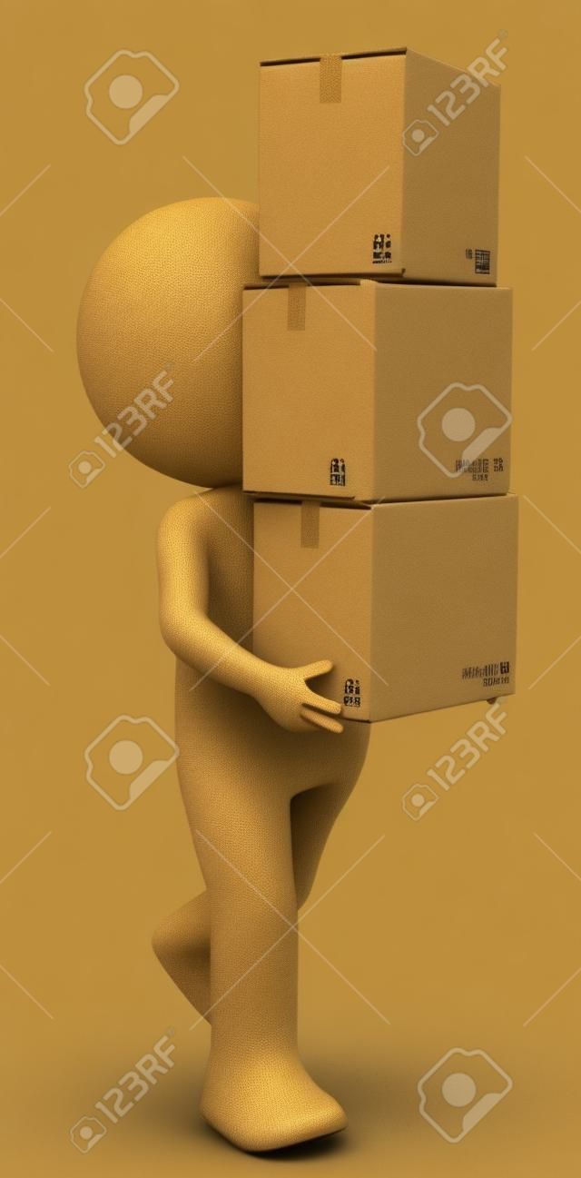 3D petit personnage humain portant une pile de boîtes de gens série Carton