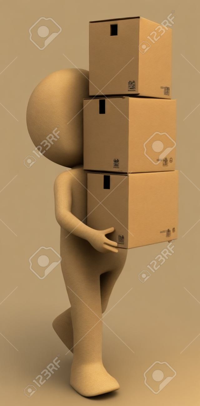 3D petit personnage humain portant une pile de boîtes de gens série Carton