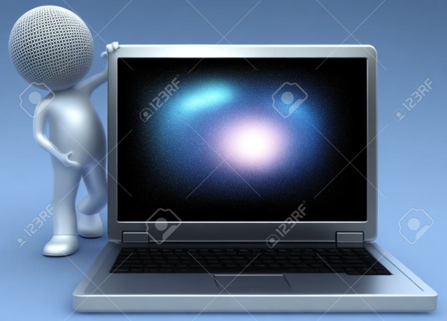 3D poco carattere umano che mostra un computer portatile in acciaio Copy Space persone serie