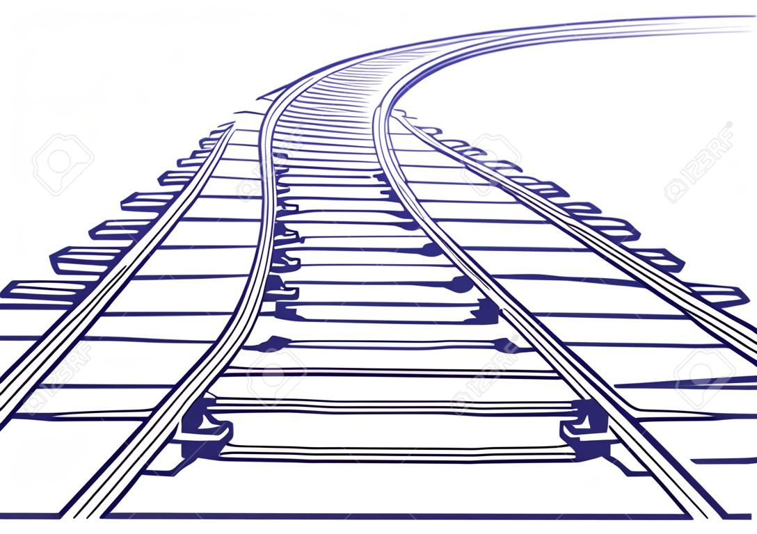彎曲的環形列車軌道。素描彎火車軌道。輪廓。