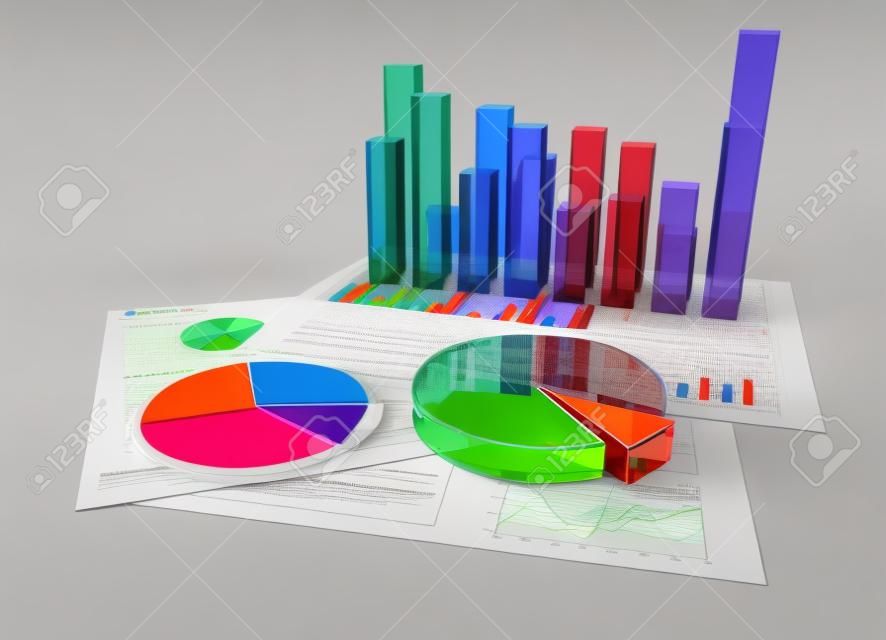 Analizar. documentos financieros con gráficos en 3D de colores y gráficos circulares de vidrio.