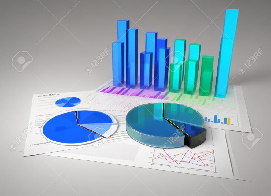 Analizar. documentos financieros con gráficos en 3D de colores y gráficos circulares de vidrio.