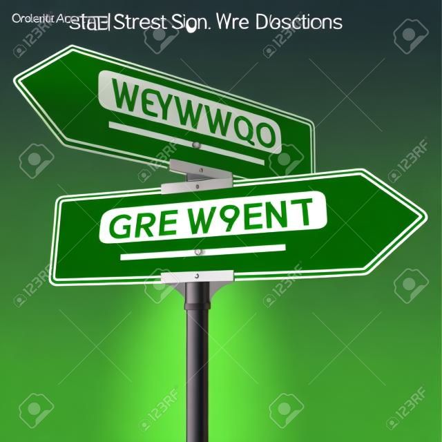 반대 방향으로 가리키는 녹색 양방향 거리 표지판의 벡터.
