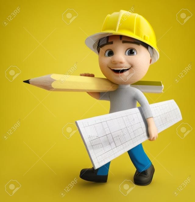 Construction time again. Dude 3D character the Builder carrying large Ruler and Pencil. Yellow theme. 3d Render.