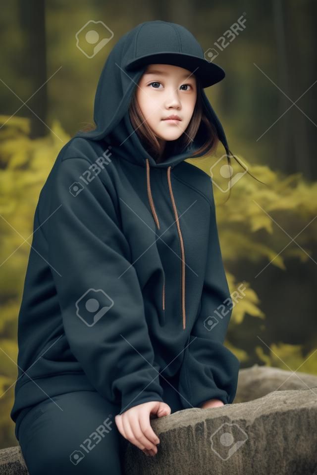 Menina jovem vestindo branco e oversize hoodie longo e boné preto. Retrato de estilo de vida ao ar livre