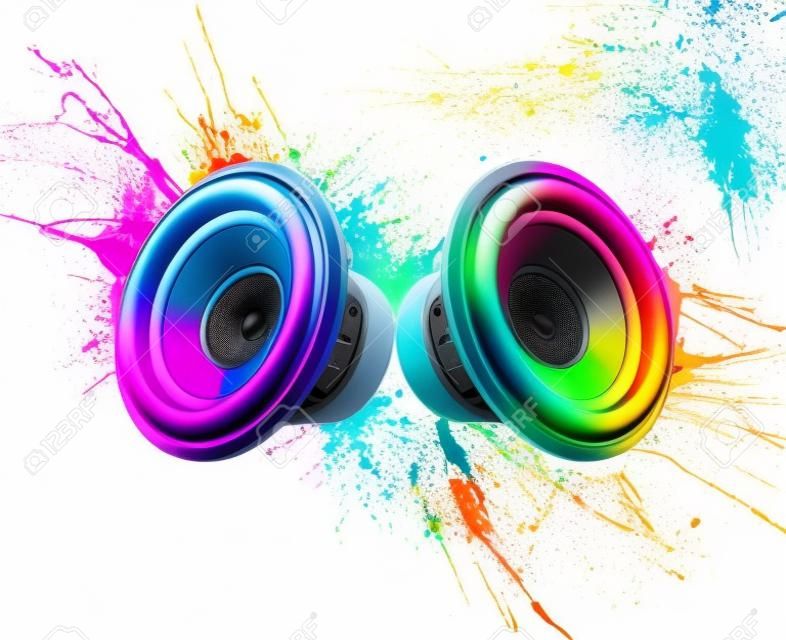 Music speakers with colorful paint splashes on white background