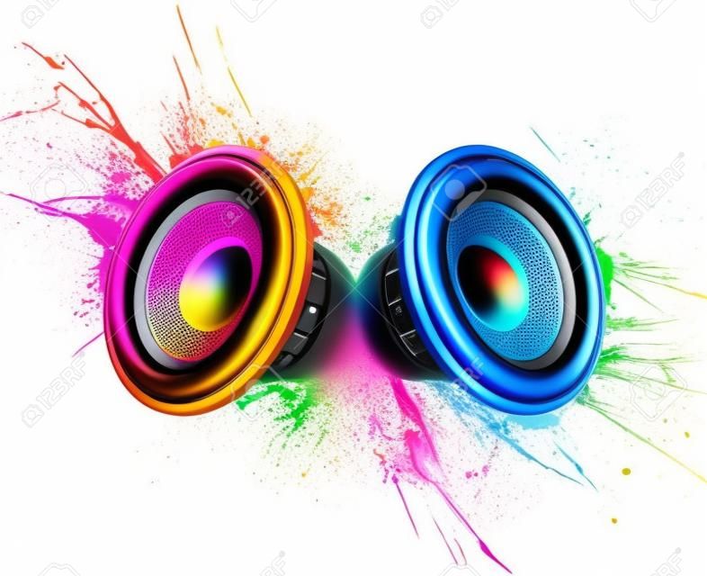 Music speakers with colorful paint splashes on white background