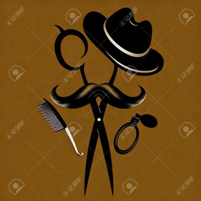 Peluquería de la silueta del diseño de la peluquería, del bigote y del sombrero