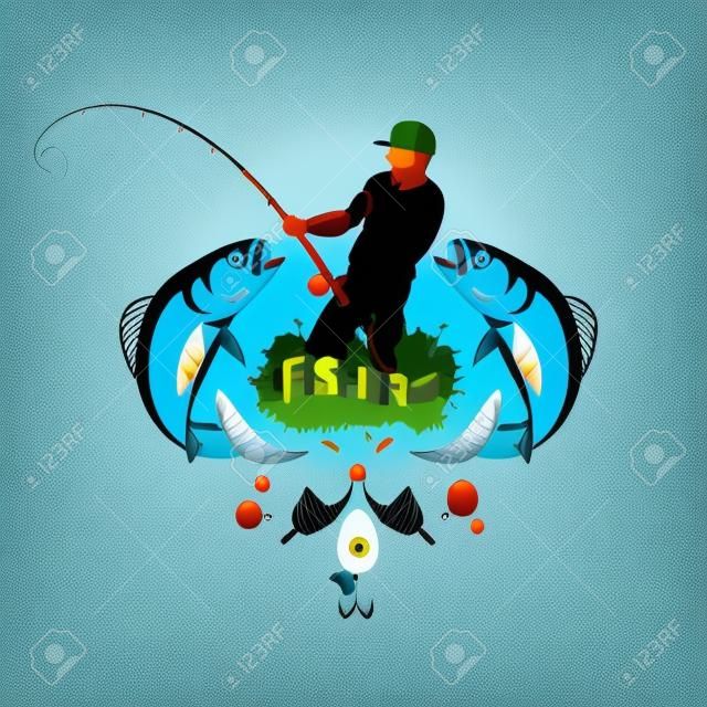 Pescatore con una canna da pesca e vettore di concetto di pesce