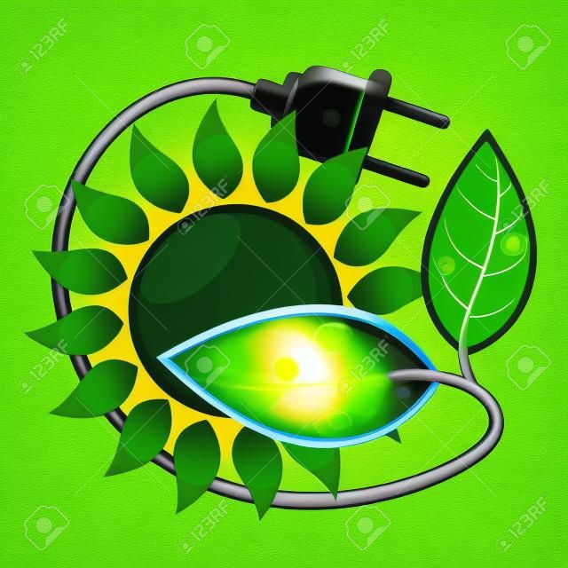 Sun and green electric plug with leaves
