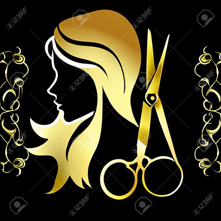 Girl for a beauty salon with scissors and gold coloring