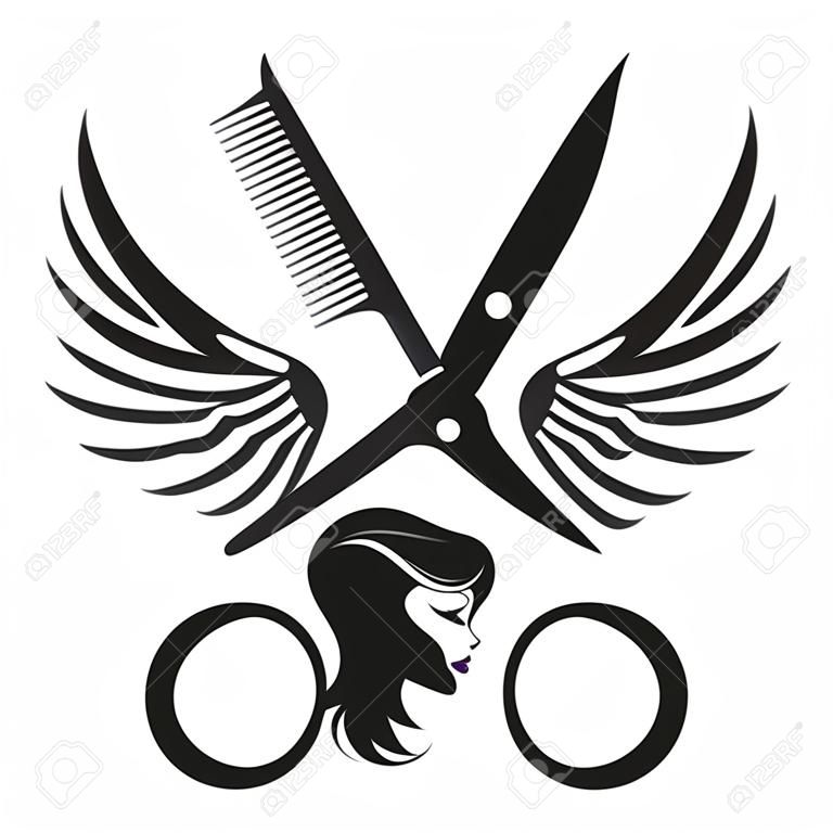 Nożyczki z grzebieniem i skrzydłami symbol dla salonu piękności i fryzjera
