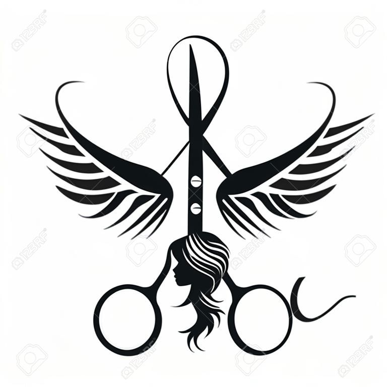 Tesoura com pente e símbolo de asas para salão de beleza e cabeleireiro