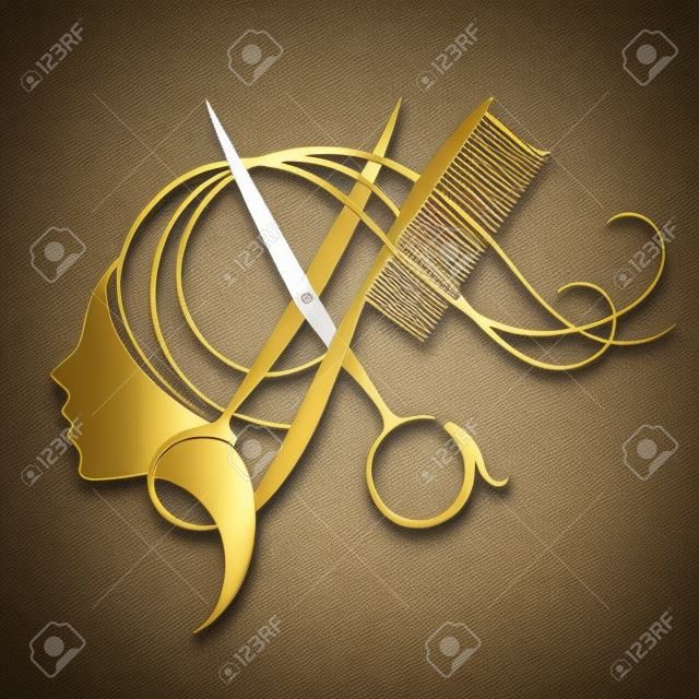 Girl and hairdressing scissors symbol for a beauty salon in gold color