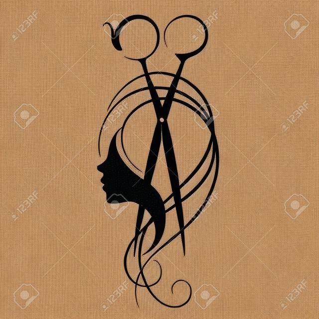 Scissors and girl with curls hair symbol for beauty salon
