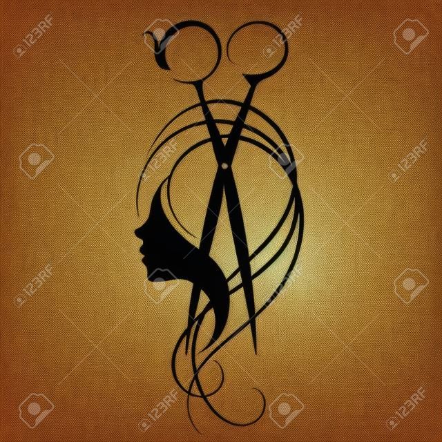 Scissors and girl with curls hair symbol for beauty salon