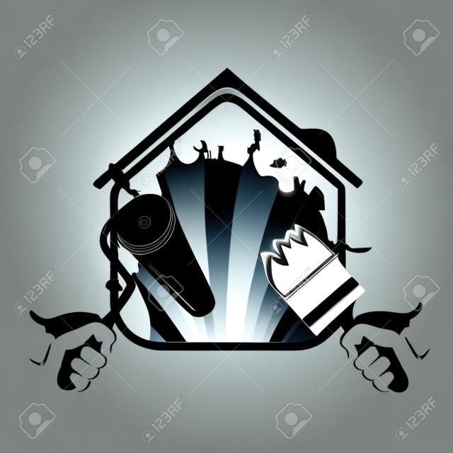 Painting house with tool silhouette vector
