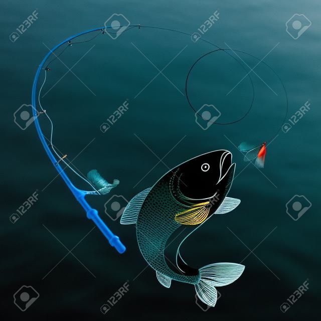 Fish and fishing rod are silhouetted for fishing