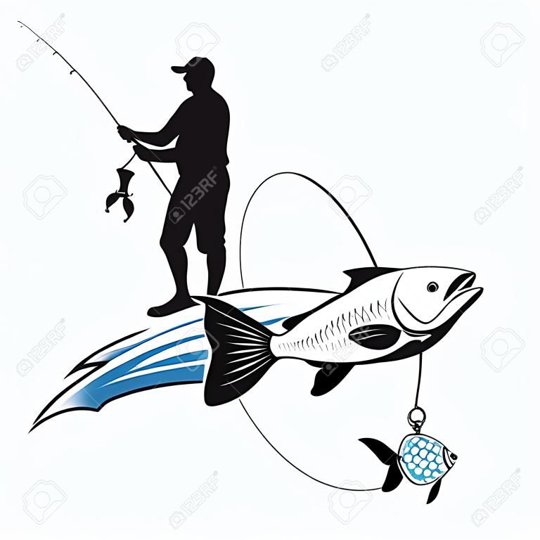 Рыбак с удочкой и дизайном силуэта рыбы