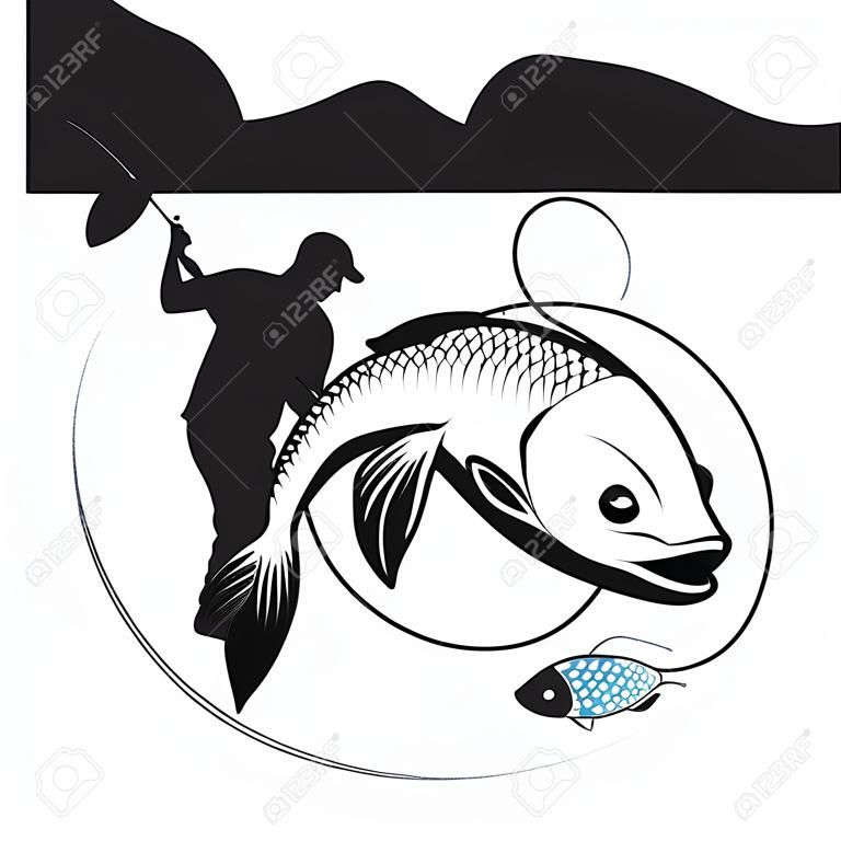 Fisherman with a fishing rod and fish silhouette design