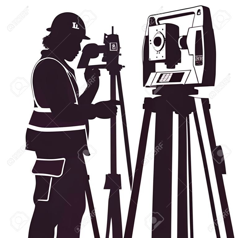 Uniformed surveyor and total station silhouette for geoedesy