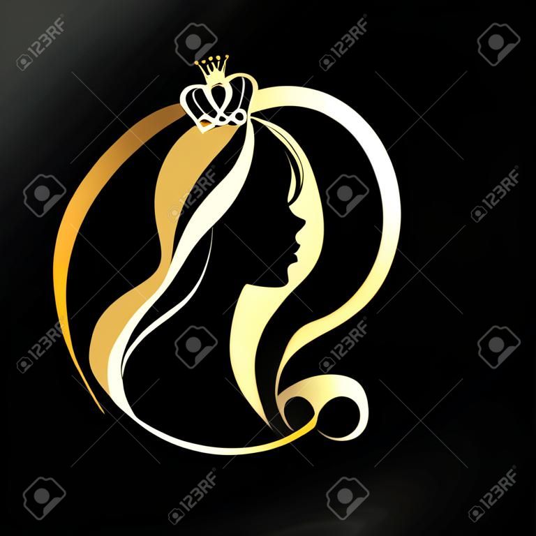 Ragazza con una corona d'oro in testa e riccioli di capelli. Silhouette per salone di bellezza e parrucchiere