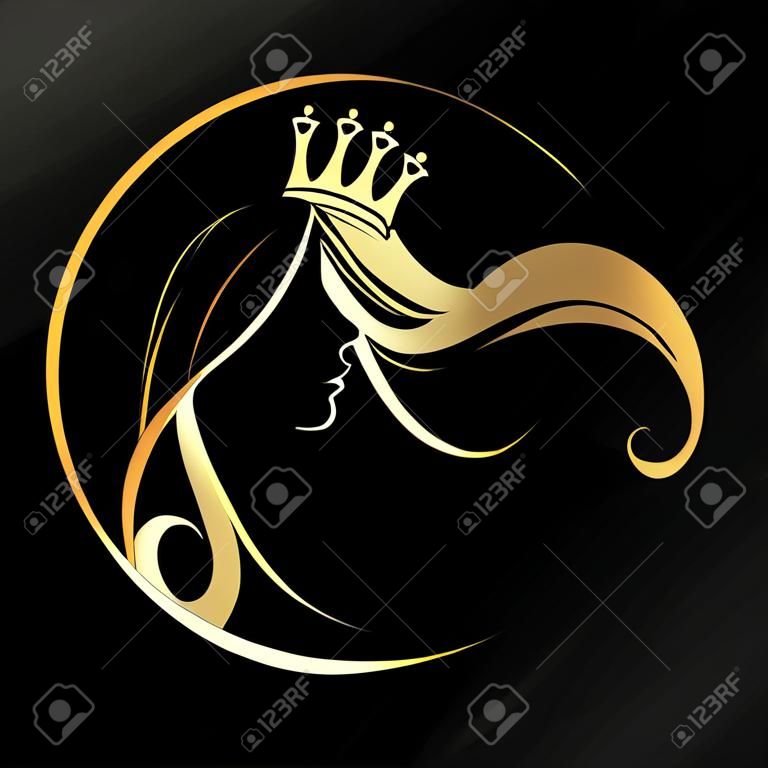 Dziewczyna ze złotą koroną na głowie i lokami włosów. Sylwetka dla salonu kosmetycznego i fryzjera