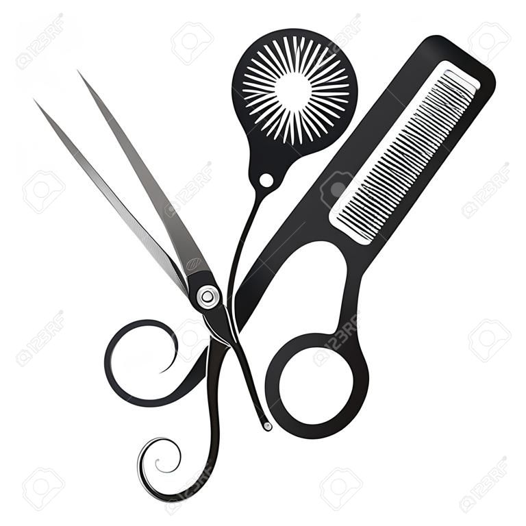 Ciseaux et peigne styliste sèche-cheveux symbole d'un salon de beauté et d'un coiffeur