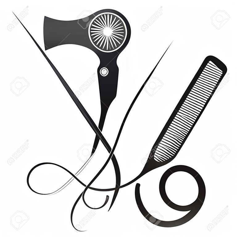 Scissors e pente estilista secador de cabelo símbolo de um salão de beleza e cabeleireiro