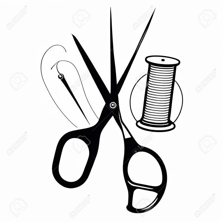 Symbol for sewing and cutting. hand sewing machine silhouette. Needle scissors and thread sewing design