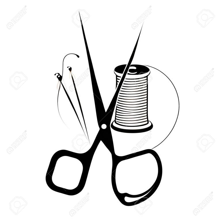 Symbool voor naaien en snijden. handnaaimachine silhouet. Naaldschaar en draad naaien ontwerp