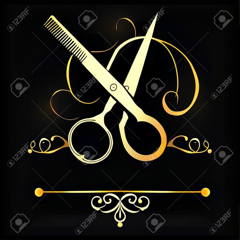 Golden scissors cut a lock of hair. Scissors and comb symbol for hair salon
