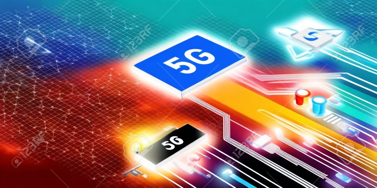 Abstract illustration of 5g, 4g, and 3g processors competing with each other.