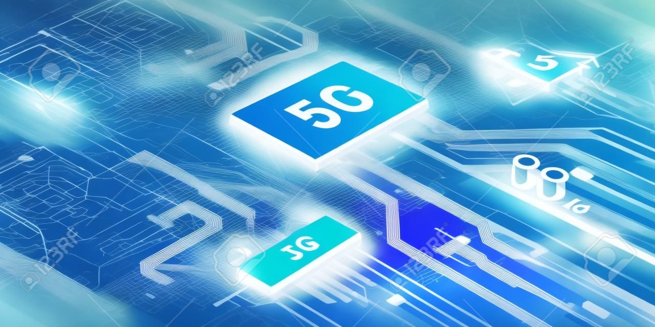 Abstract illustration of 5g, 4g, and 3g processors competing with each other.