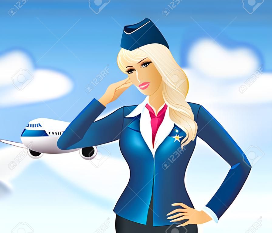 Красивая стюардесса на фоне самолета