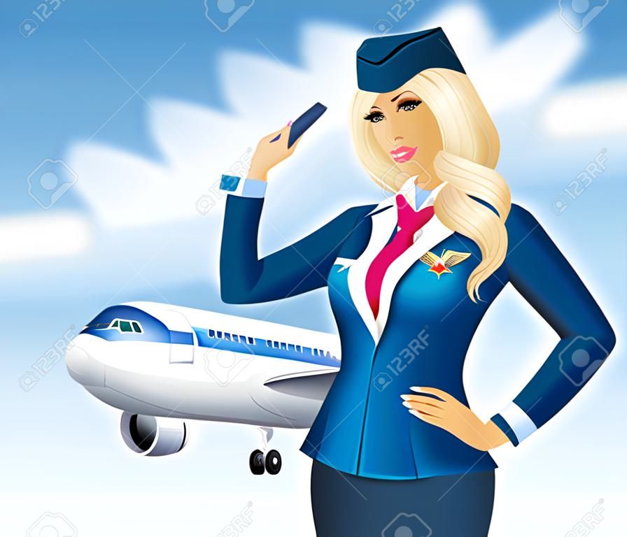 Красивая стюардесса на фоне самолета