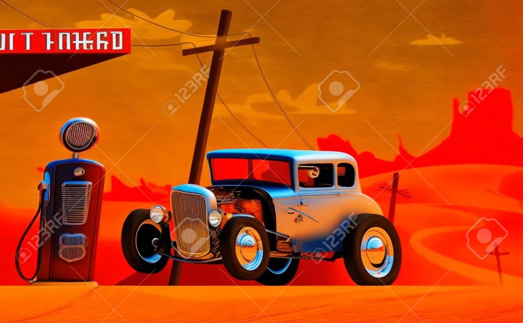 Hot rod car in Route 66 desert